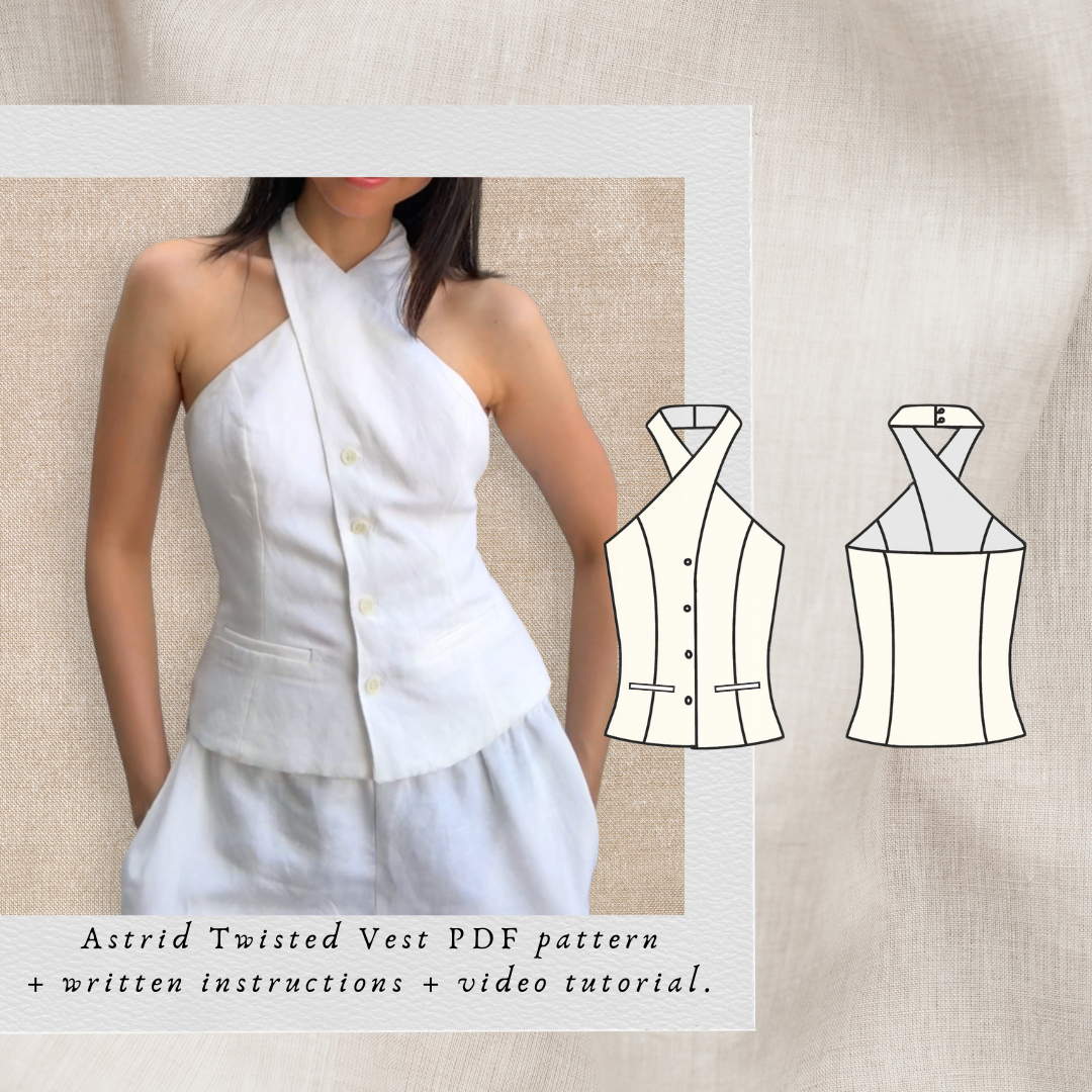 Astrid Vest PDF sewing pattern: white linen twisted halter waistcoat with technical drawings