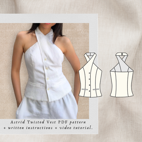 Astrid Vest PDF sewing pattern: white linen twisted halter waistcoat with technical drawings