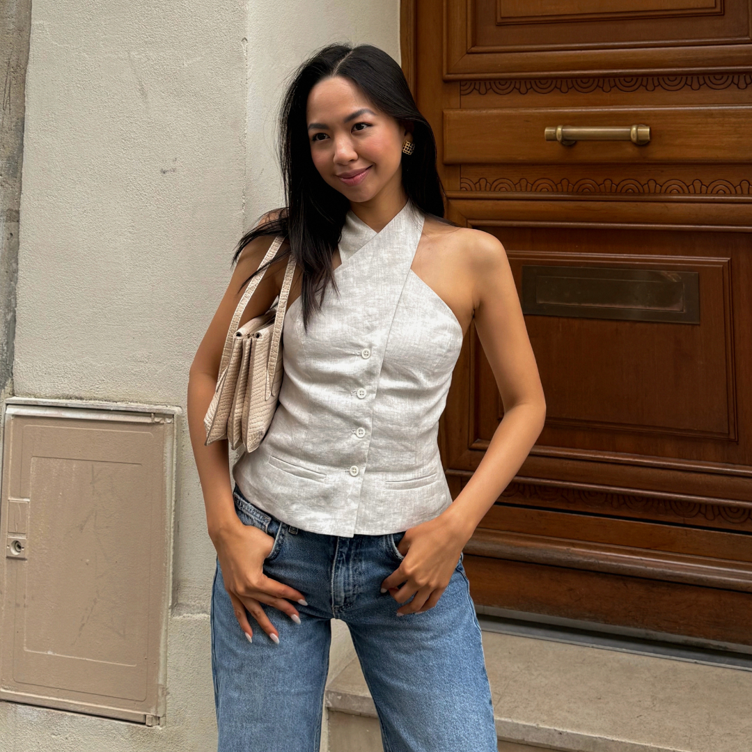Astrid Vest in white jacquard styled with jeans