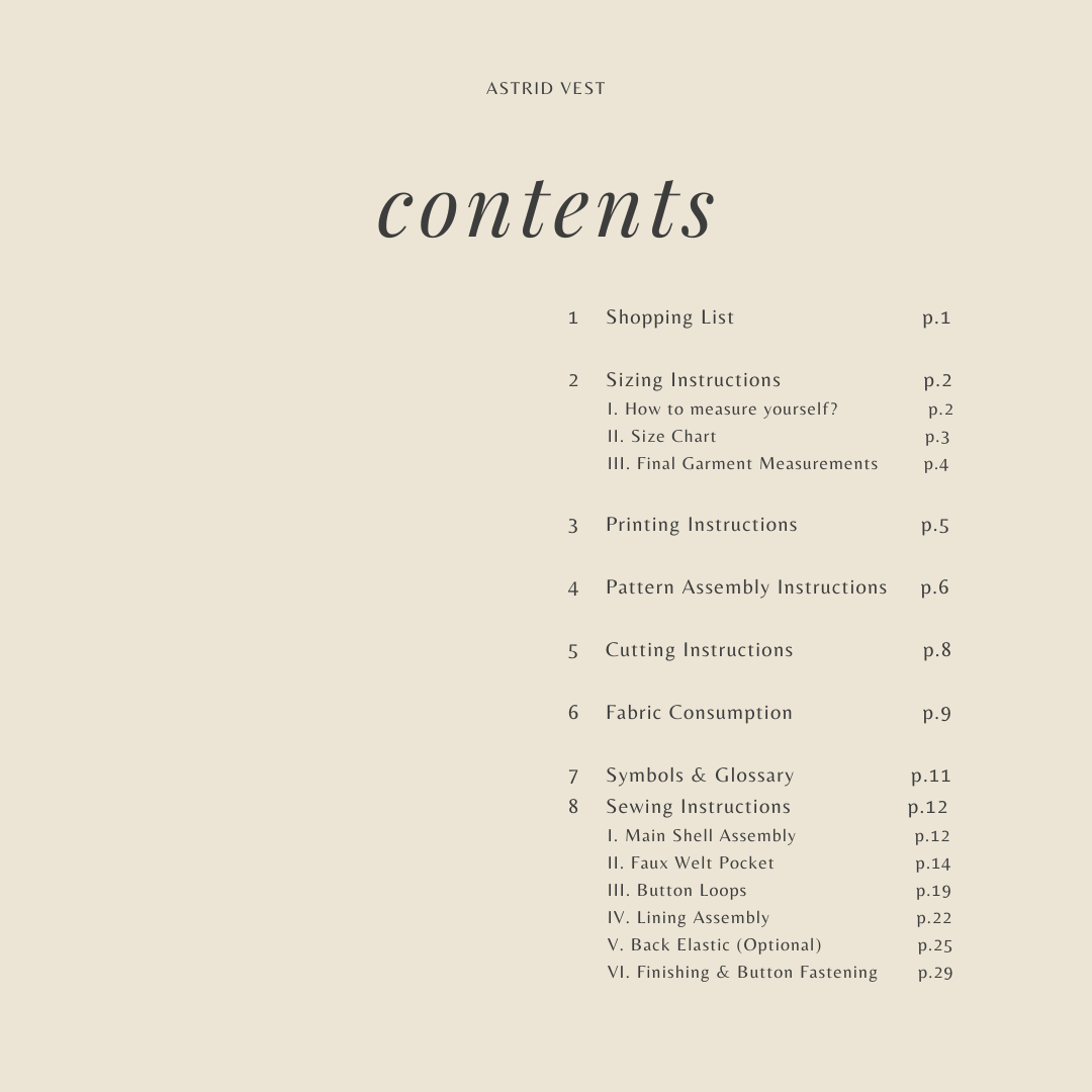 Astrid Vest instruction booklet contents page