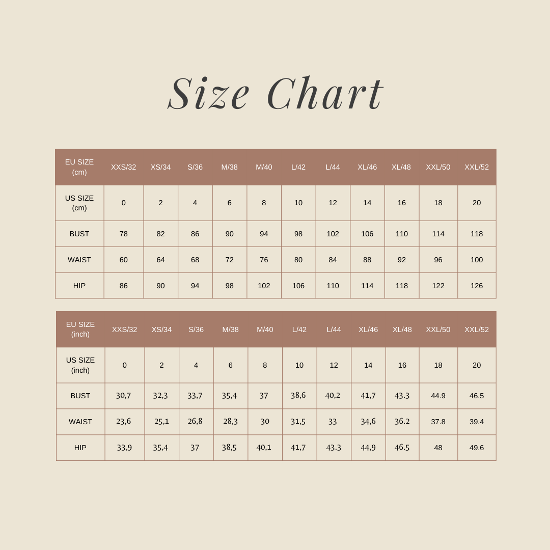Astrid Vest size chart in cm and inches