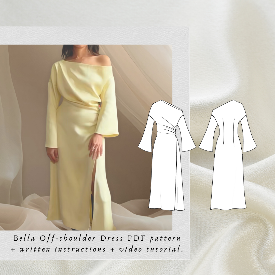 Bella Off-Shoulder Dress PDF sewing pattern: butter-yellow satin midi with slit and technical drawings