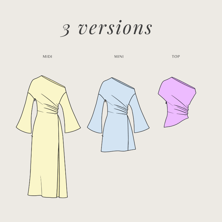 Bella Dress versions: midi dress, mini dress and top