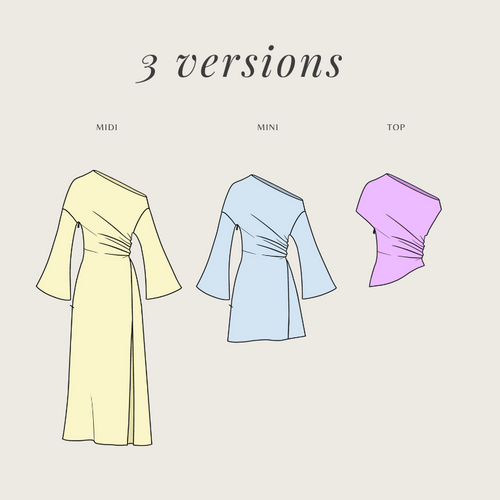 Bella Dress versions: midi dress, mini dress and top