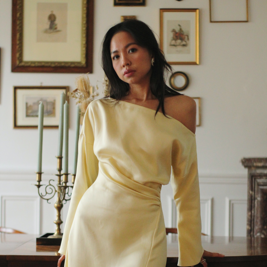 Butter-yellow satin Bella off-shoulder dress with long wide sleeves