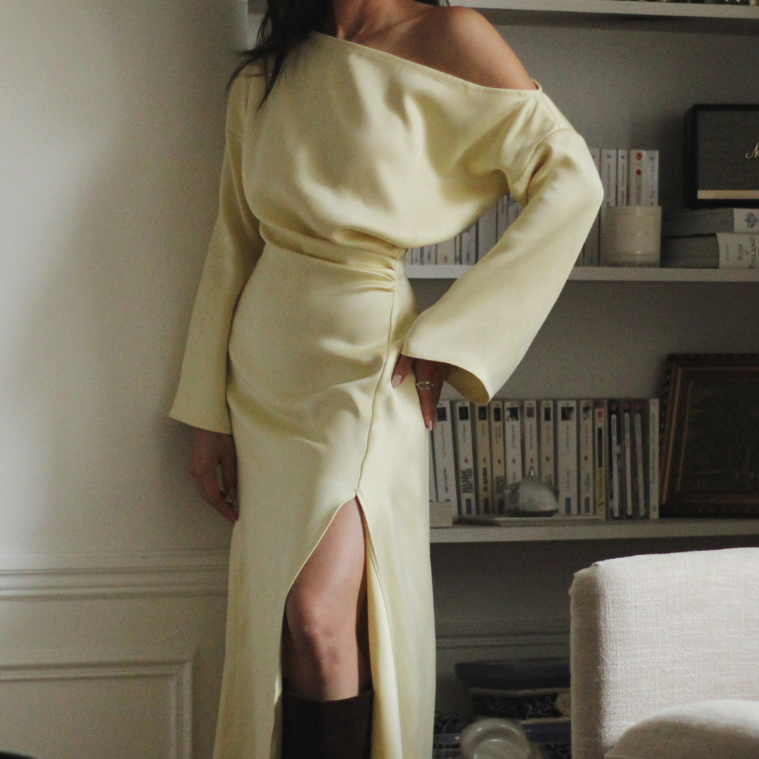 Bella midi dress with side gathers and leg slit