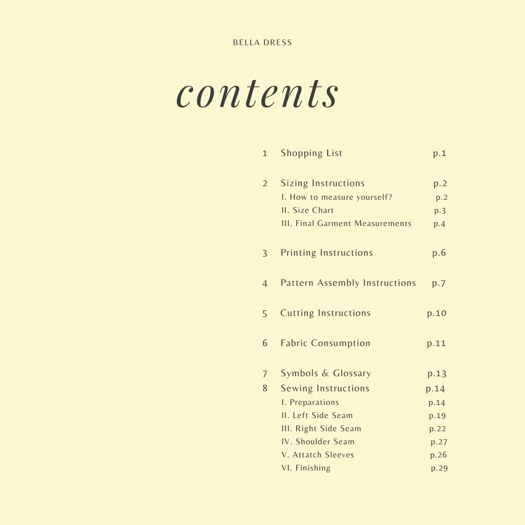 Bella Dress instruction booklet contents page