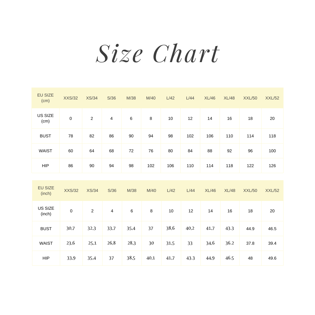 Bella Dress size chart in cm and inches