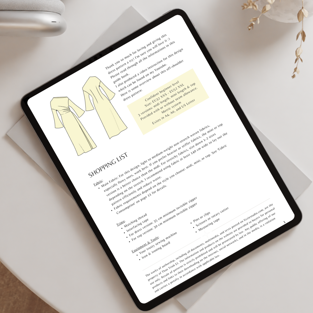 Bella Dress shopping list page shown on a tablet