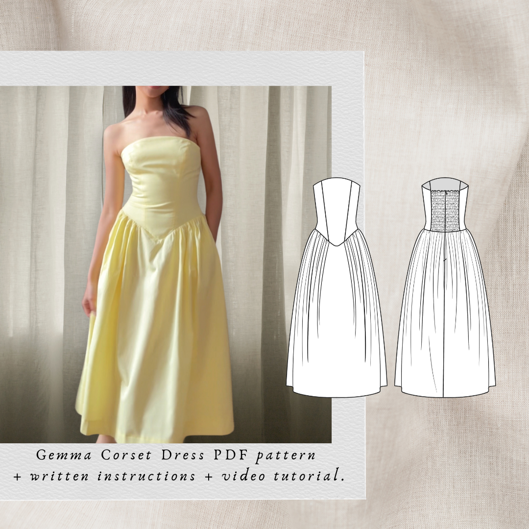 Gemma Corset Dress PDF sewing pattern: yellow strapless drop-waist dress with technical drawings