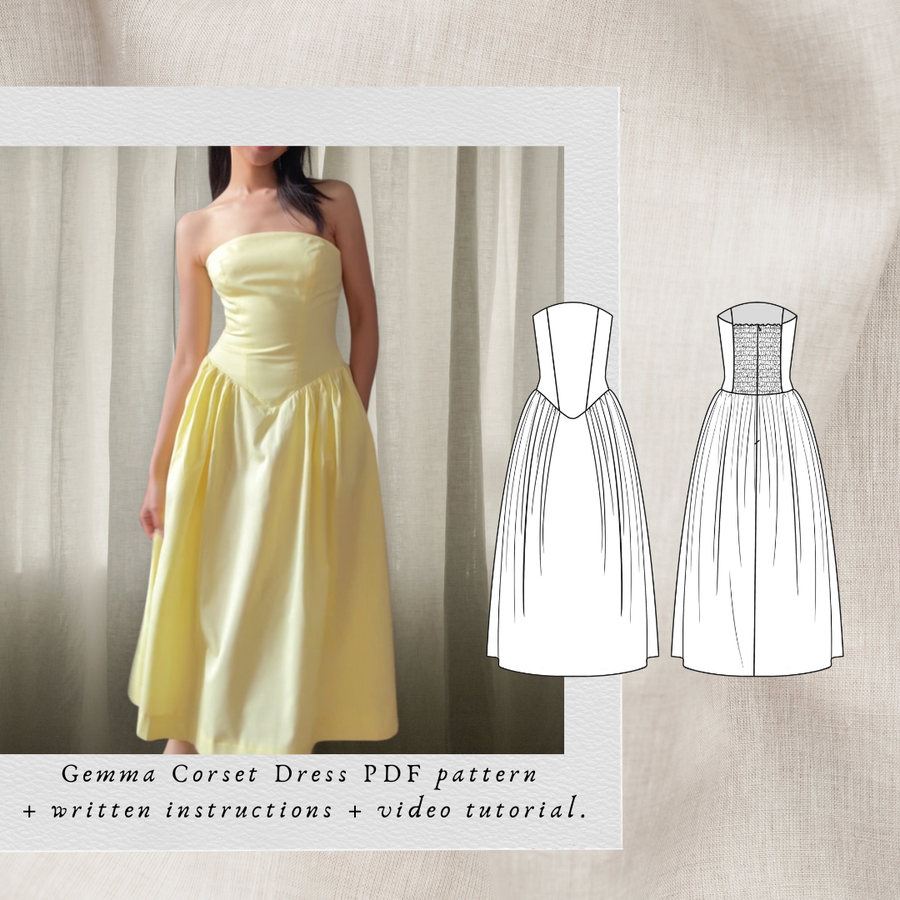 Gemma Corset Dress PDF sewing pattern: yellow strapless drop-waist dress with technical drawings