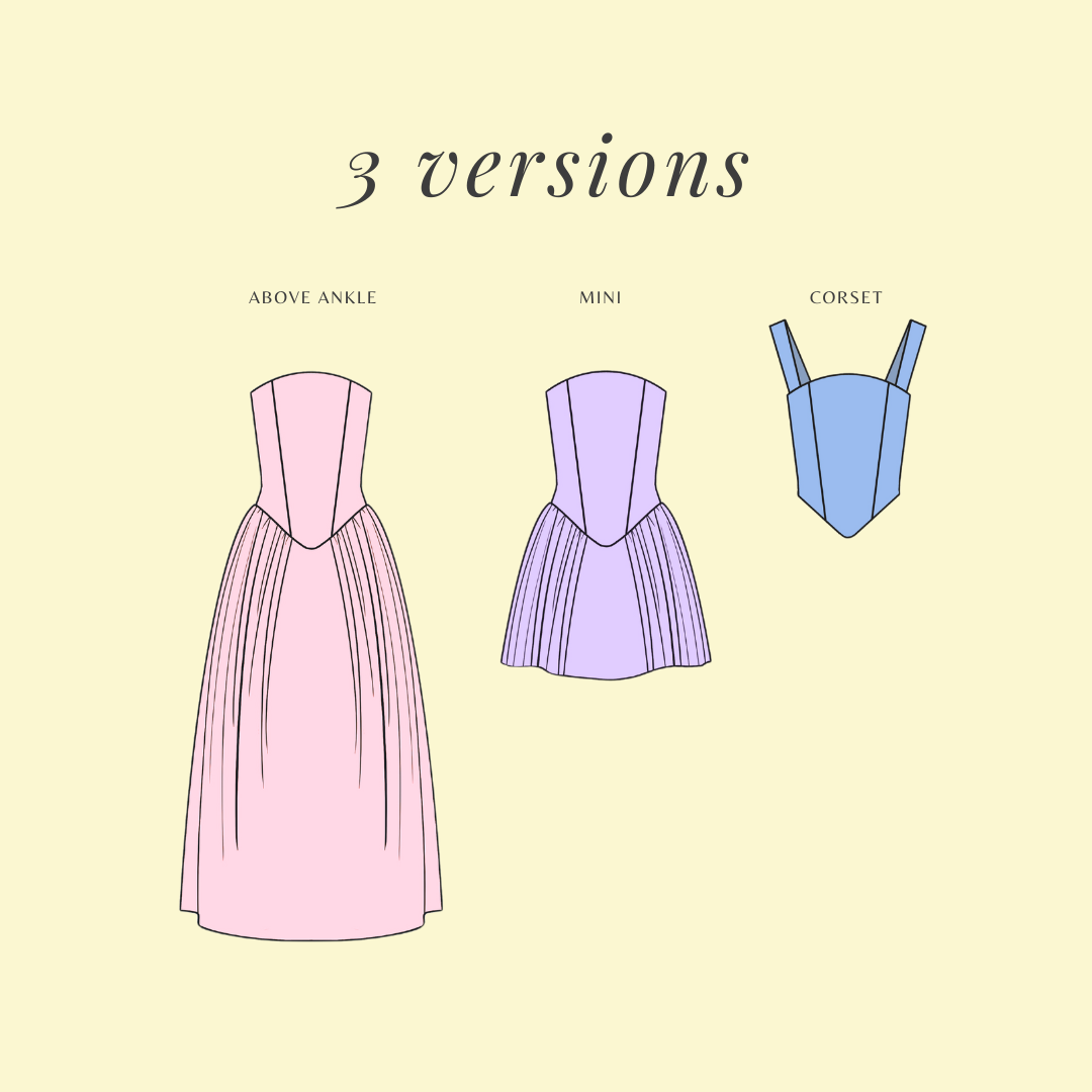 Gemma versions: above-ankle dress, mini dress and corset top