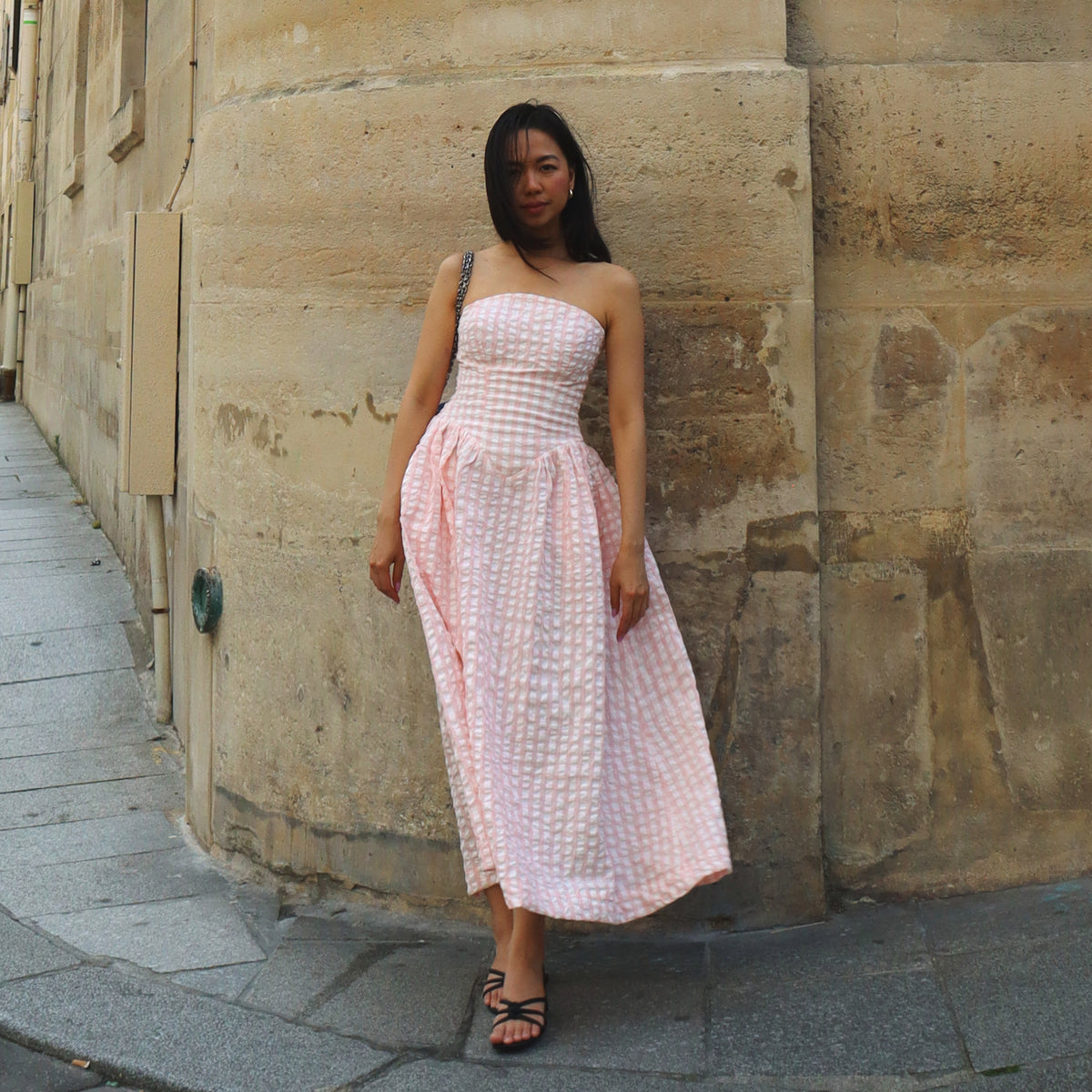 Pink gingham Gemma strapless corset dress