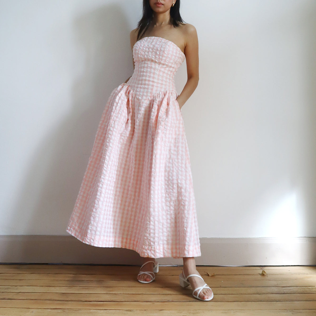 Gemma corset dress with V drop waist in pink gingham