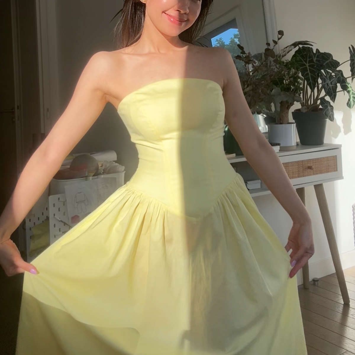 Yellow Gemma corset dress with gathered skirt