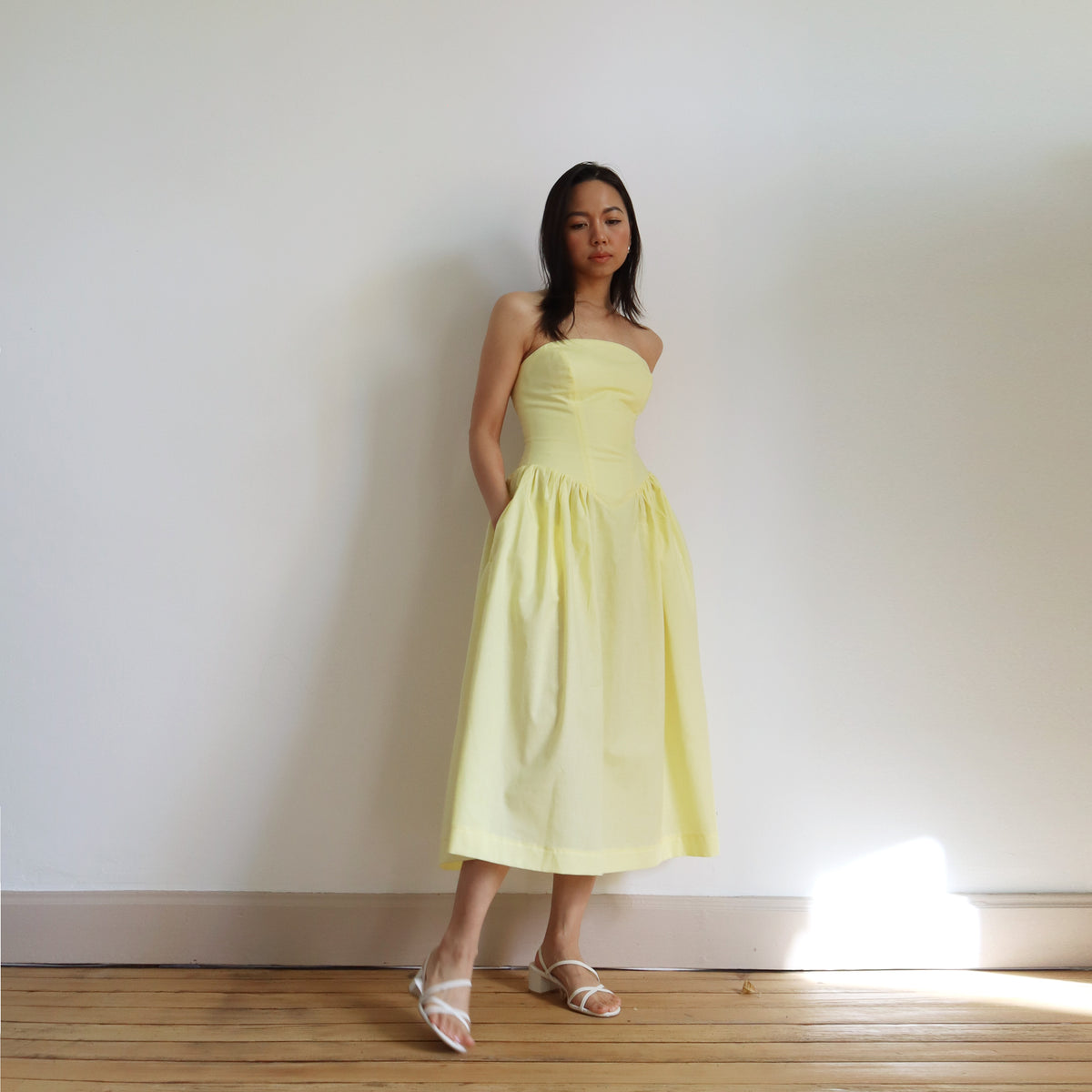 Yellow Gemma strapless dress, full-length view