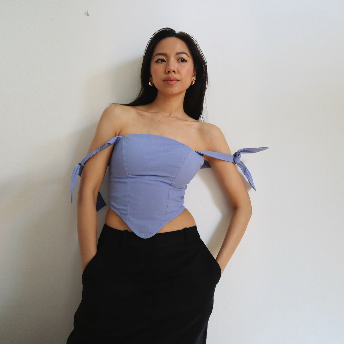 Gemma corset top in blue with tie straps