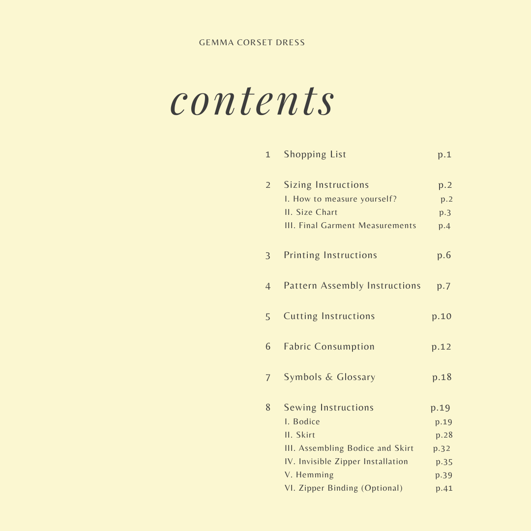Gemma Corset Dress instruction booklet contents page