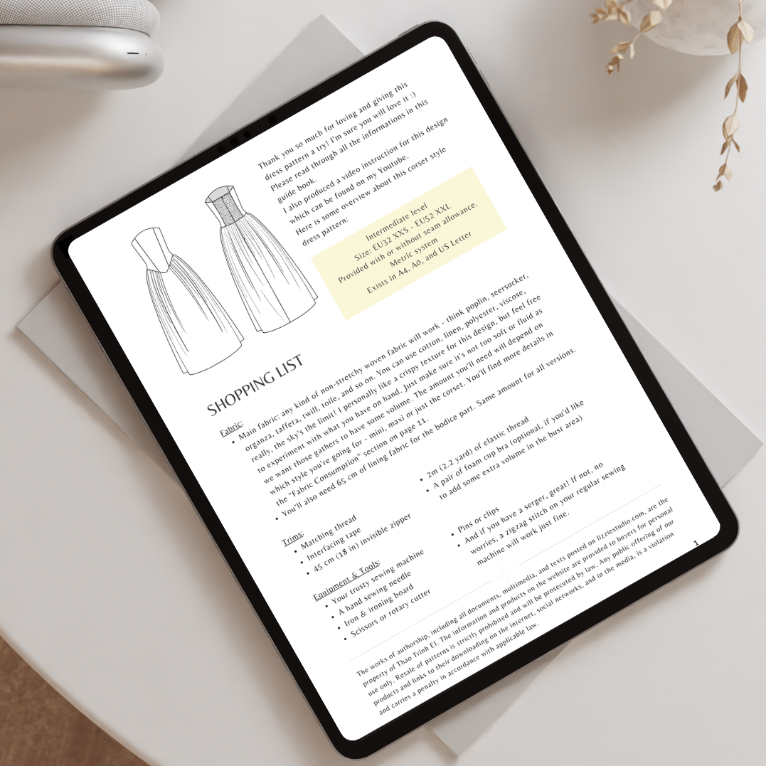 Gemma Corset Dress shopping list page shown on a tablet