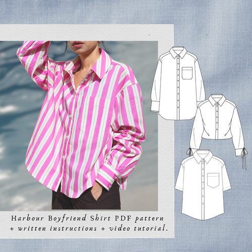 Harbour Boyfriend Shirt PDF sewing pattern: pink striped oversized shirt with technical drawings