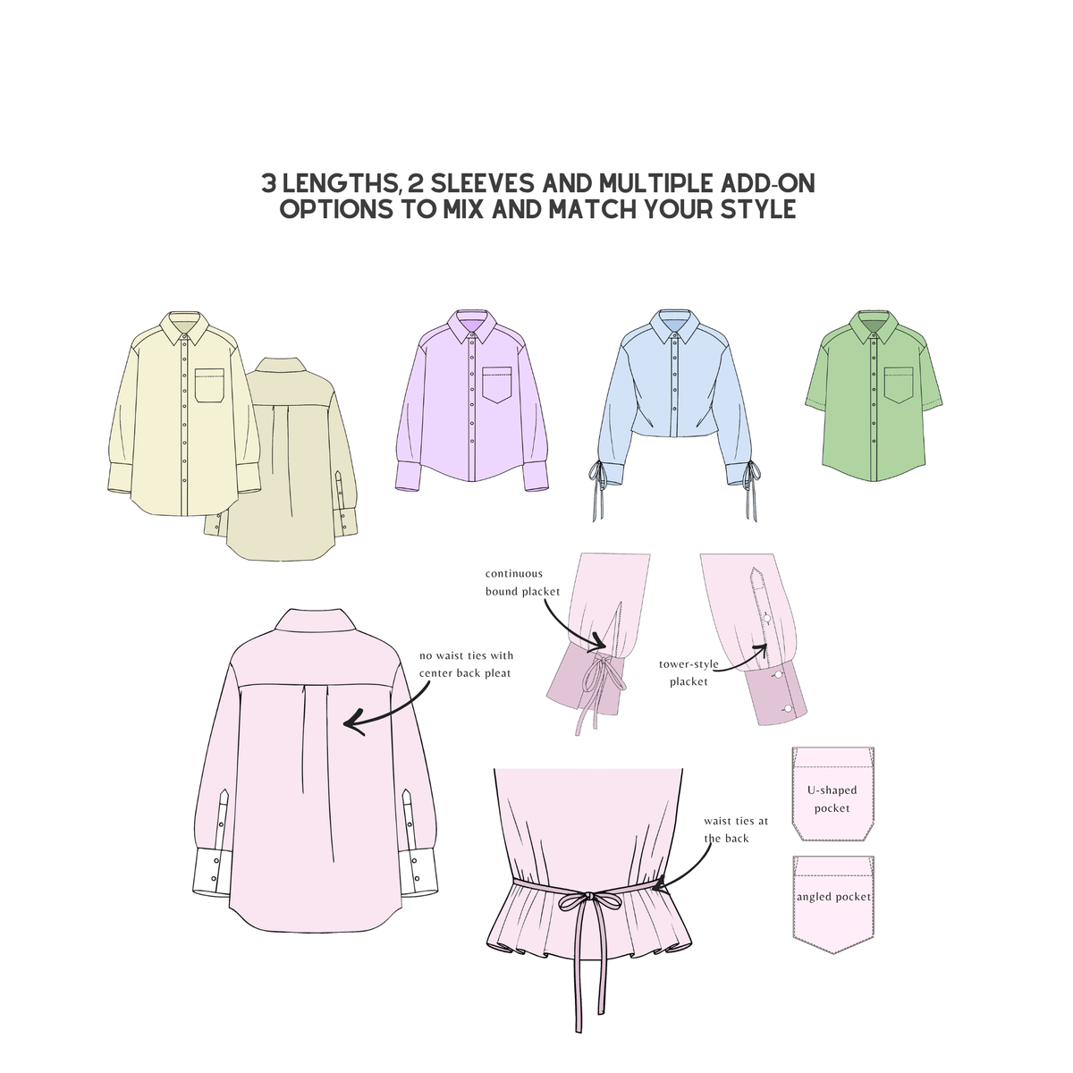 Harbour Shirt options: 3 lengths, 2 sleeves, pockets and waist ties