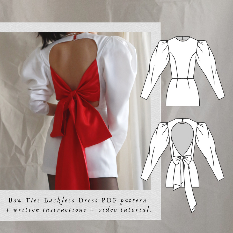 Harper Dress PDF sewing pattern: white backless mini dress with red bow and technical drawings