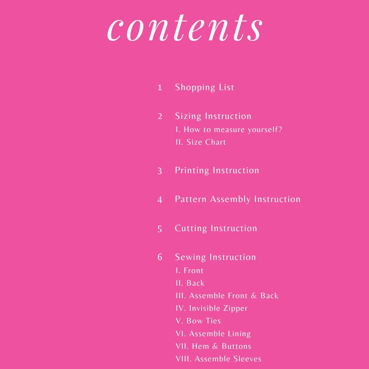 Harper Dress instruction booklet contents page