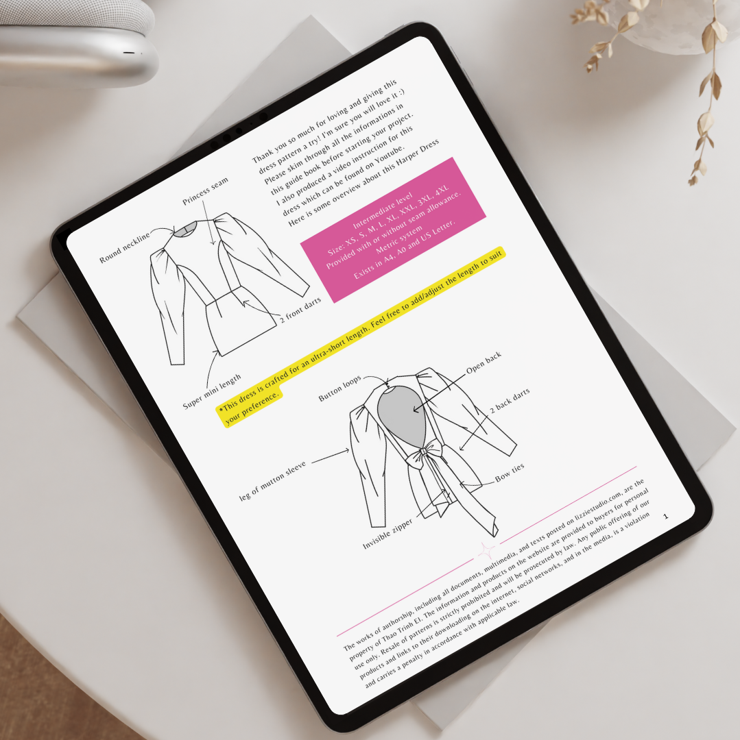 Harper Dress illustrated instruction booklet shown on a tablet