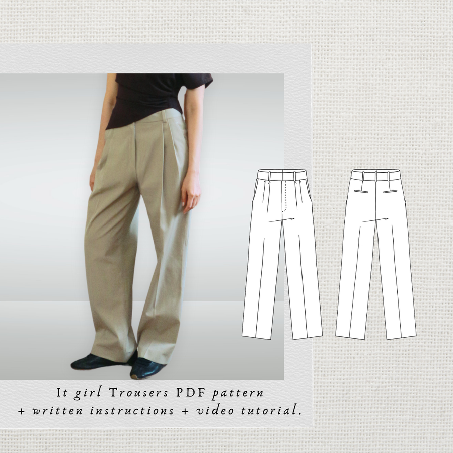 It Girl Pants PDF sewing pattern: khaki pleated straight-leg trousers with technical drawings