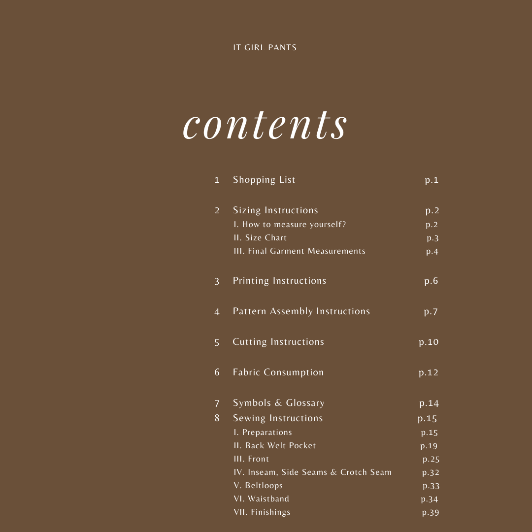 It Girl Pants instruction booklet contents page