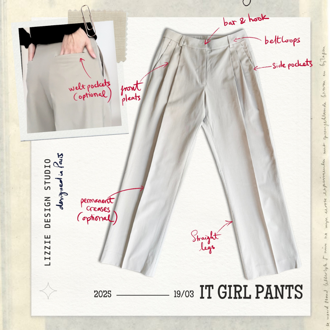 It Girl Pants design details: front pleats, welt pockets, belt loops and pressed creases