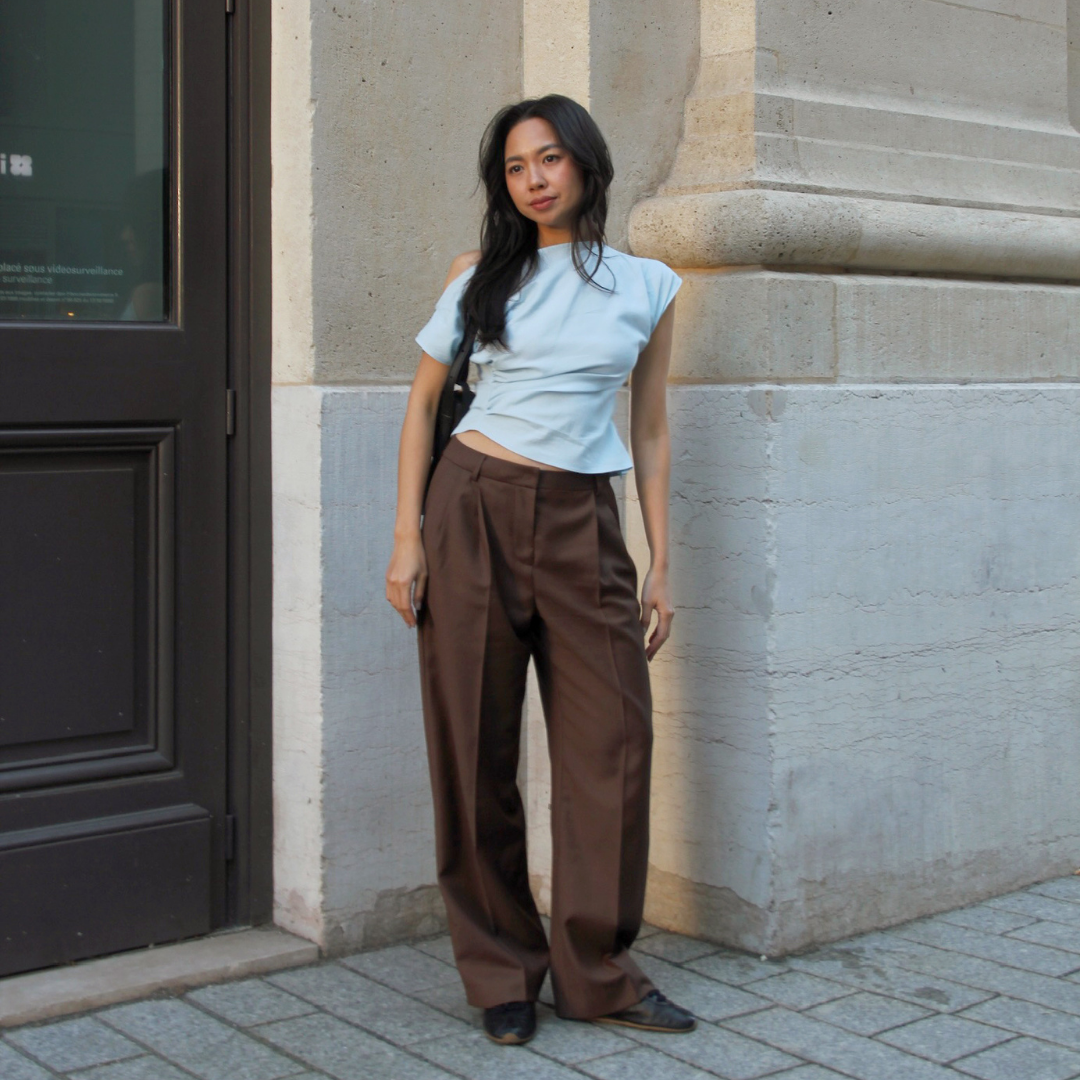 Brown It Girl Pants, wide straight-leg trousers worn with a blue top