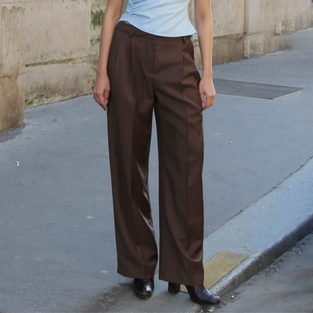 Front view of the brown It Girl Pants with front pleats