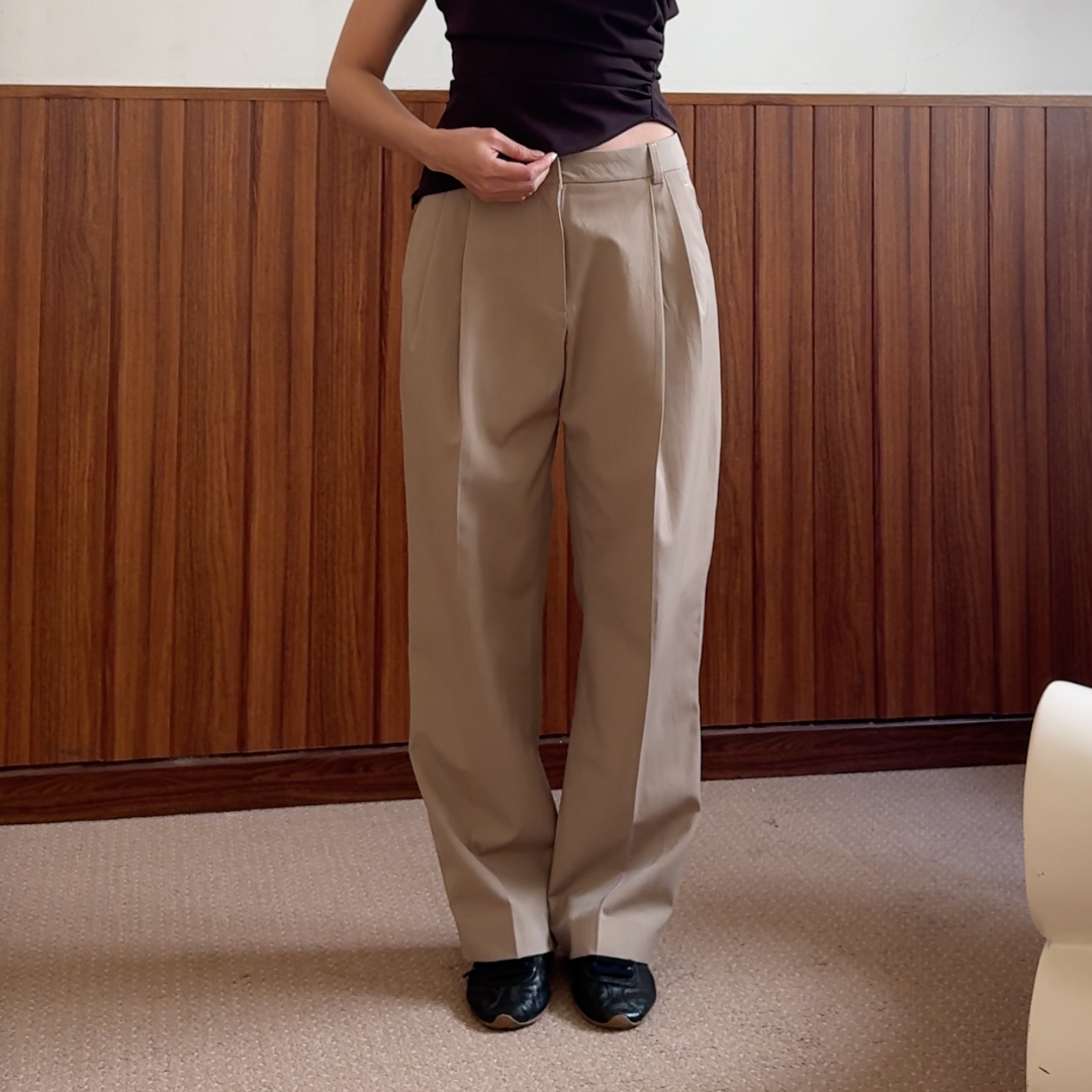 Beige It Girl Pants, pleated straight-leg trousers