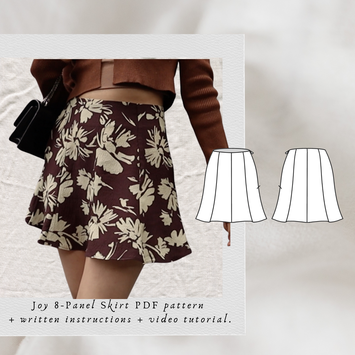 Joy 8-Panel Skirt PDF sewing pattern: floral flared mini skirt with technical drawings