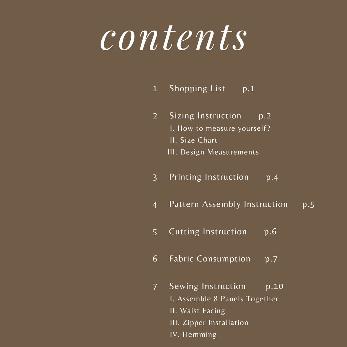Joy 8-Panel Skirt instruction booklet contents page