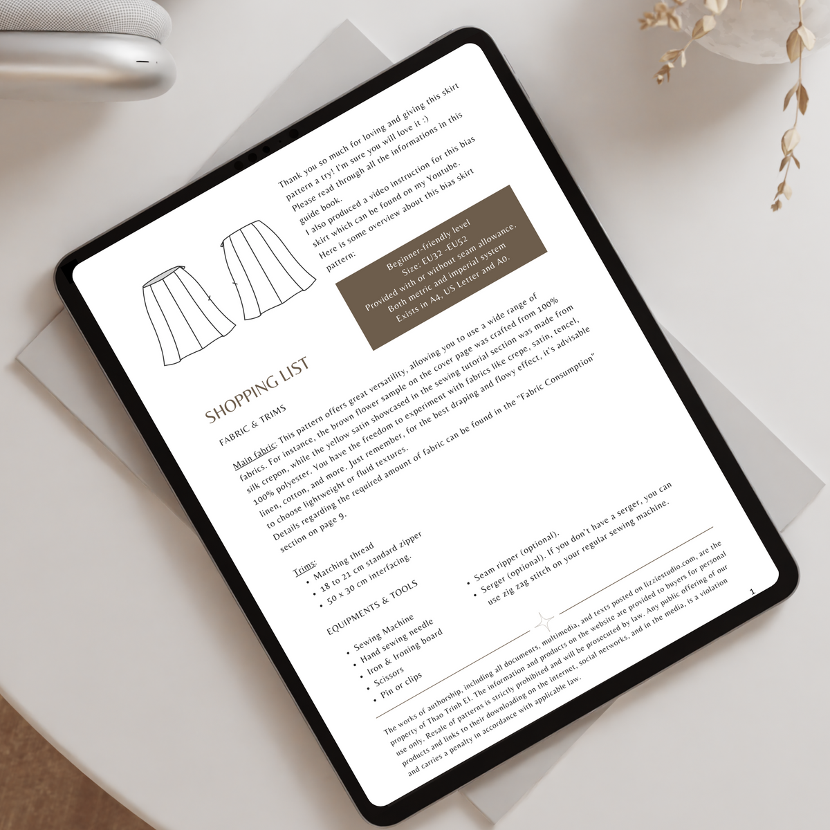 Joy Skirt shopping list page shown on a tablet