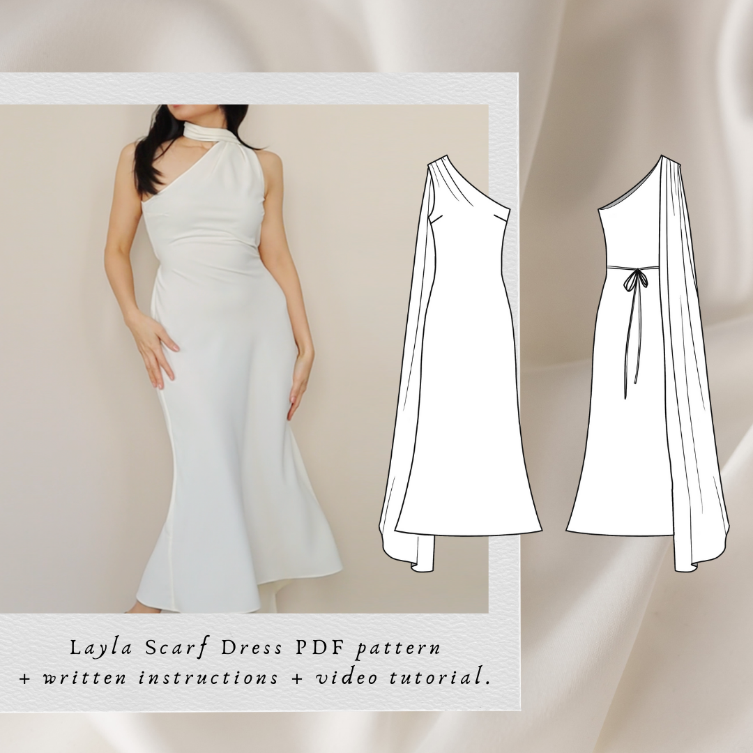 Layla Scarf Dress PDF sewing pattern: ivory one-shoulder bias-cut midi dress with technical drawings