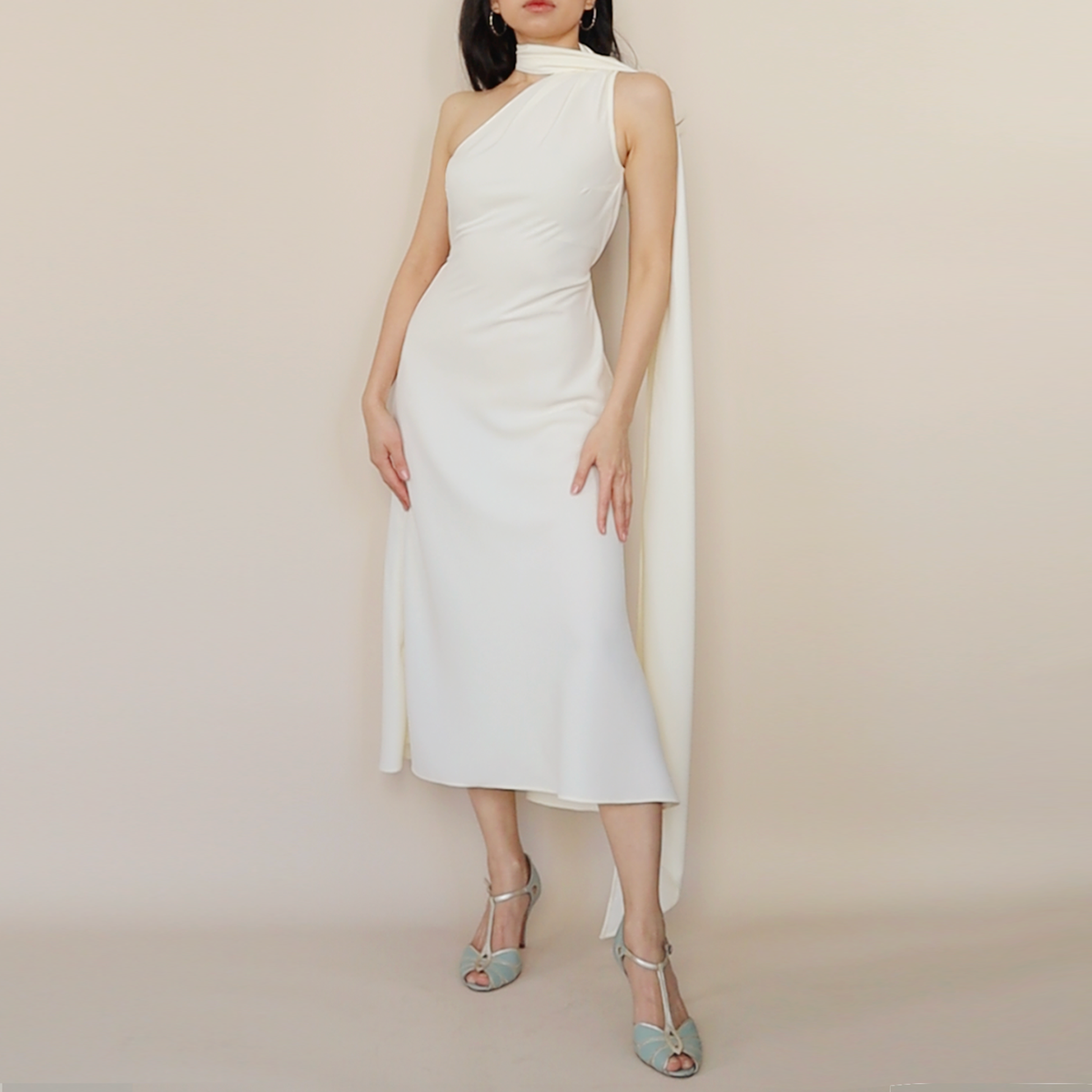 Ivory Layla one-shoulder midi dress with long scarf panel