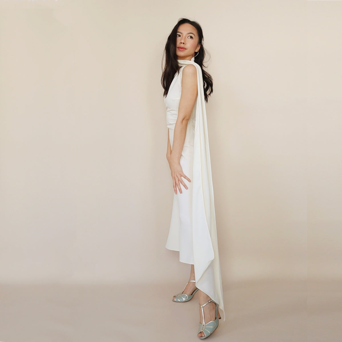 Layla Scarf Dress side view showing the flowing scarf