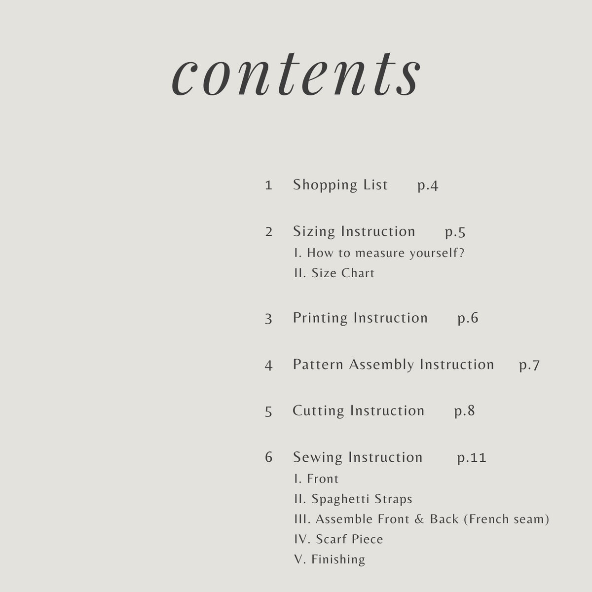 Layla Scarf Dress instruction booklet contents page