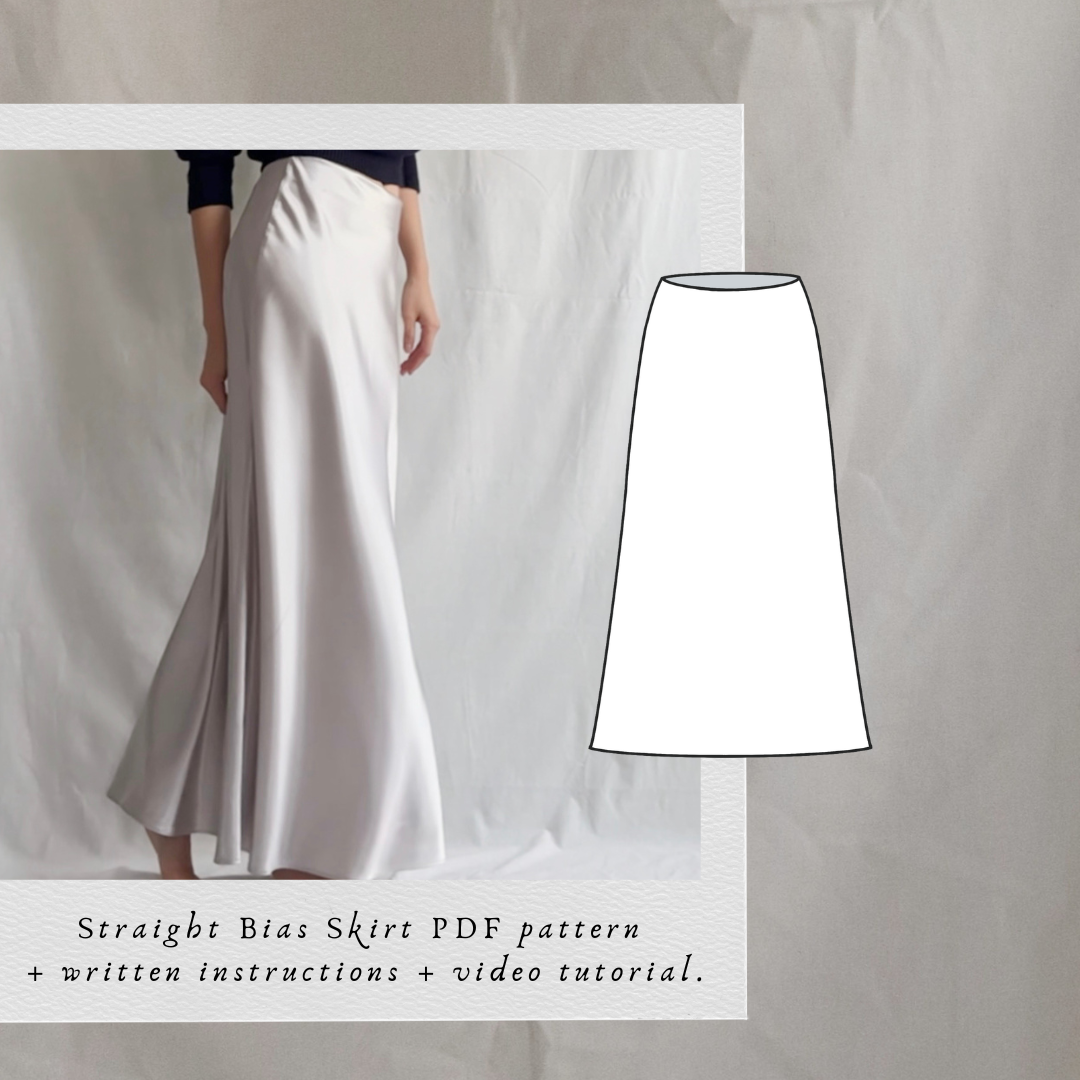 Lily Bias Skirt PDF sewing pattern: silver satin bias-cut maxi skirt with technical drawing