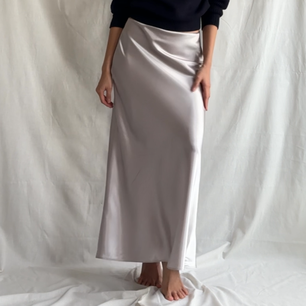 Silver satin Lily bias maxi skirt, front view