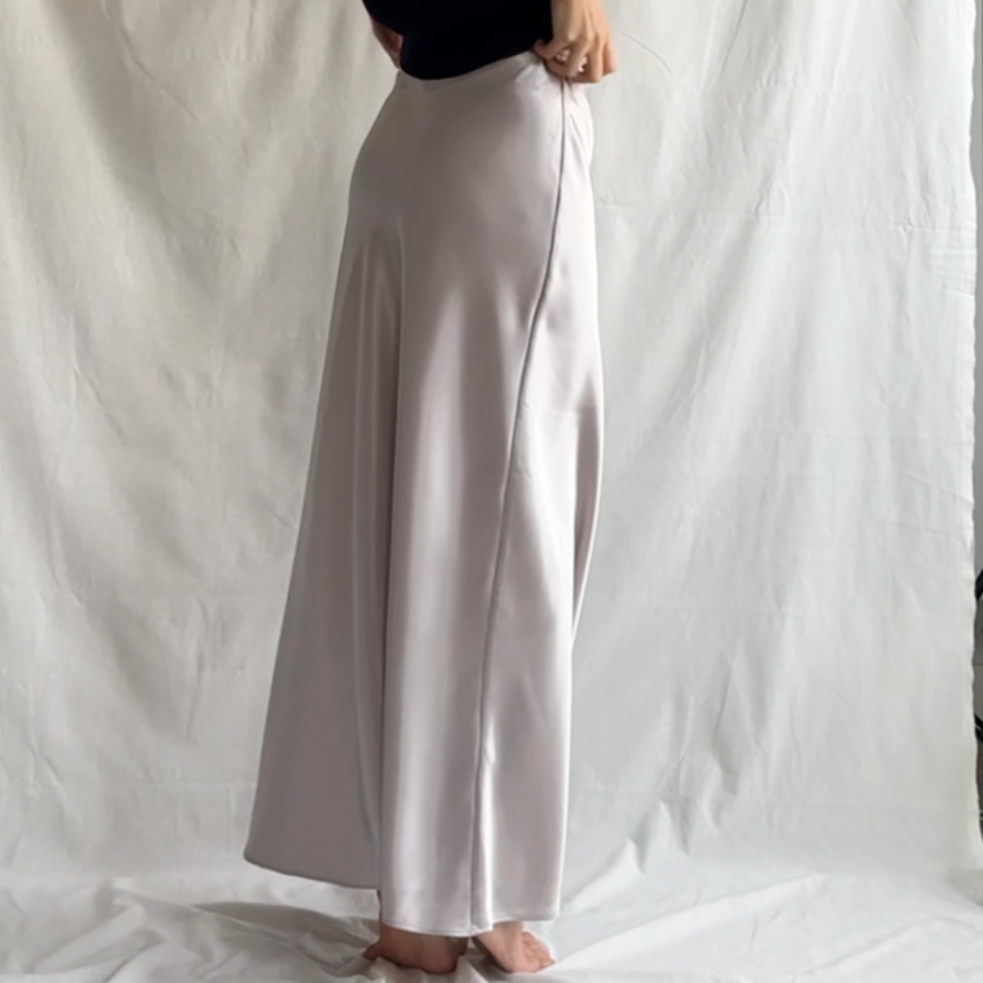 Side view of the Lily Bias Skirt showing the bias drape