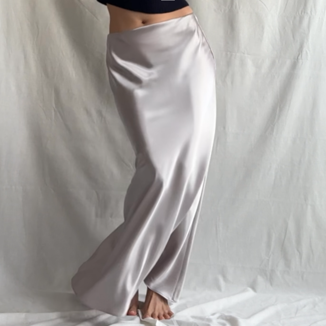 Lily Bias Skirt in motion, silver satin