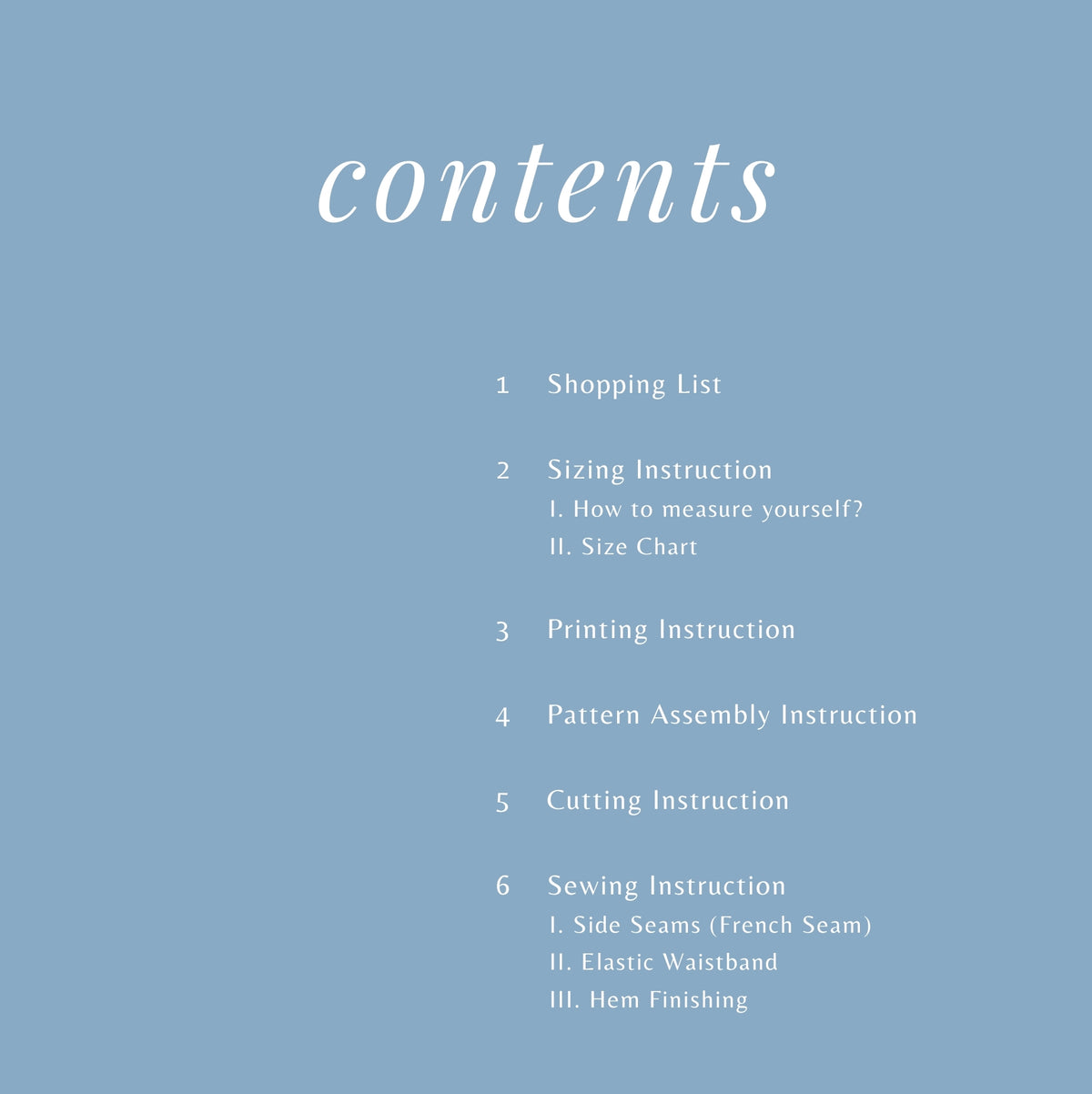 Lily Bias Skirt instruction booklet contents page
