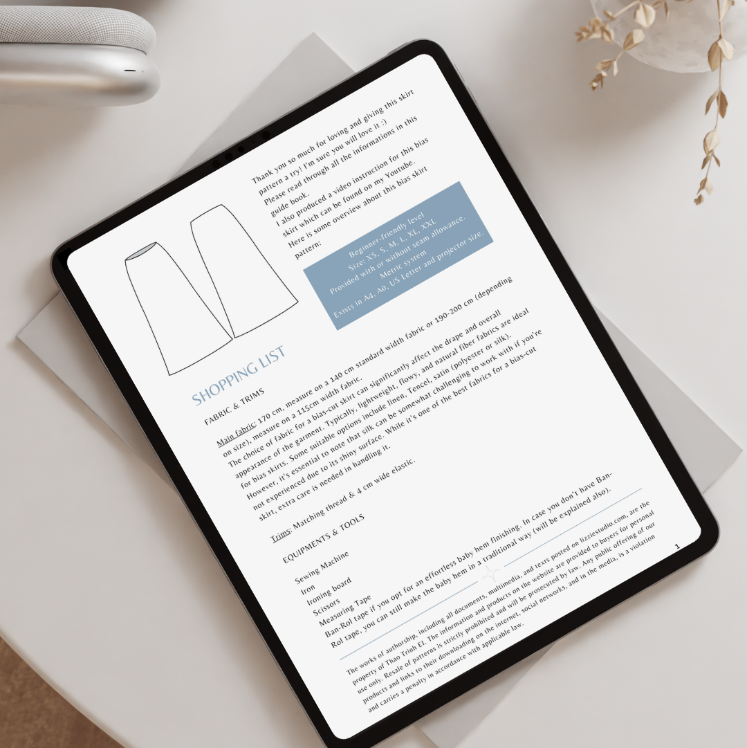 Lily Bias Skirt shopping list page shown on a tablet