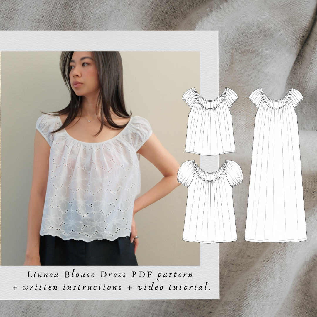 Linnea Blouse PDF sewing pattern: white eyelet blouse with gathered scoop neckline and technical drawings
