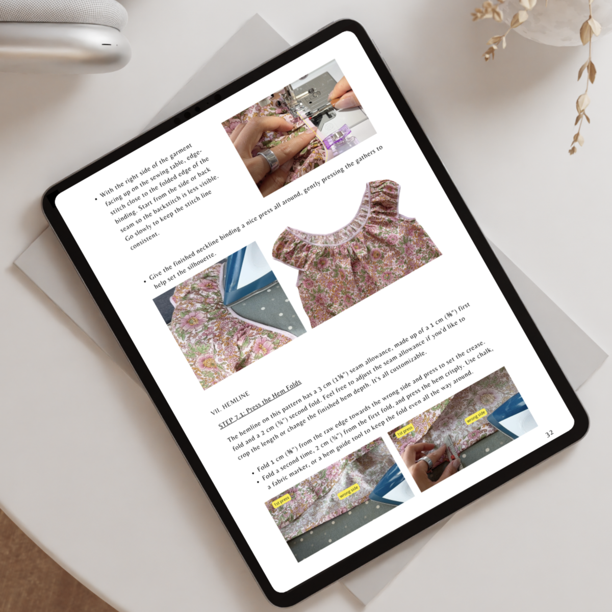 Linnea Blouse illustrated instruction booklet shown on a tablet