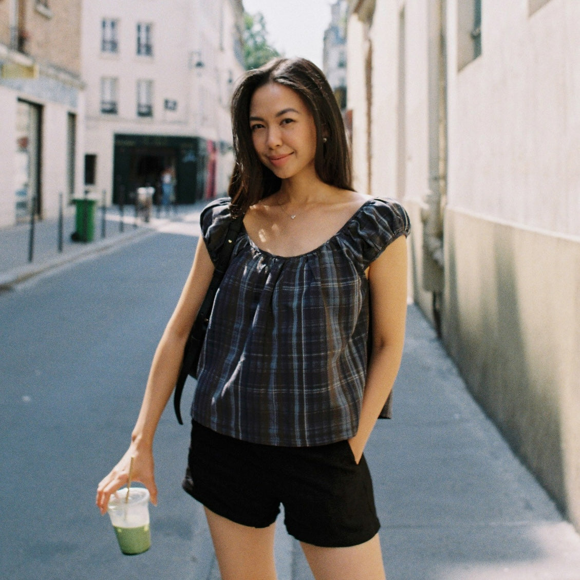 Linnea Blouse in navy plaid with cap sleeves